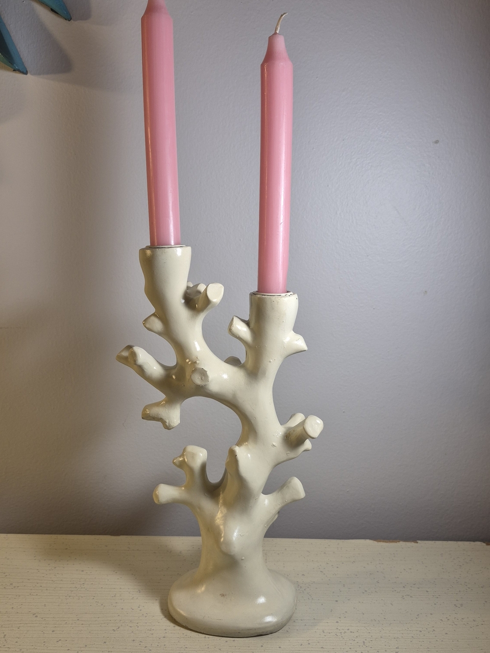 Faux Coral Branch Candle Holder with Pink Taper Candles